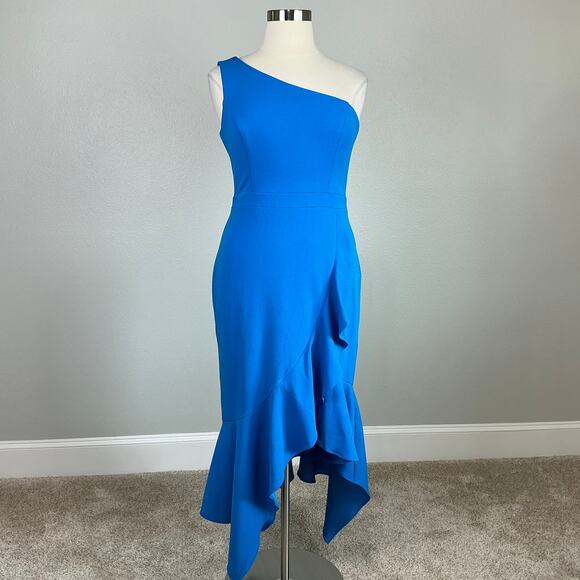 XSCAPE One Shoulder Ruffled High Low Sheath Cocktail Dress Blue Size 16 - Picture 2 of 13